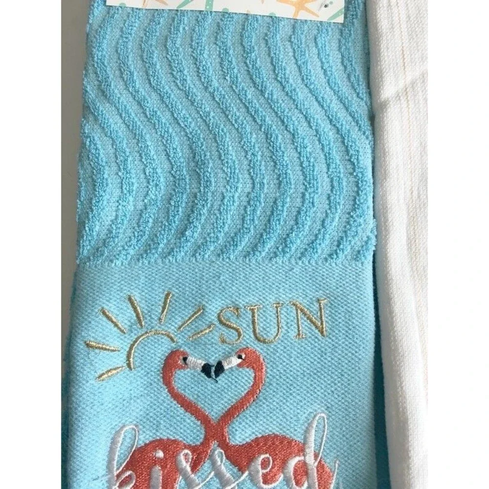 Flamingo Kitchen Dish Towels Set of 2 Aqua Embroidered Sun Kissed Beach Summer